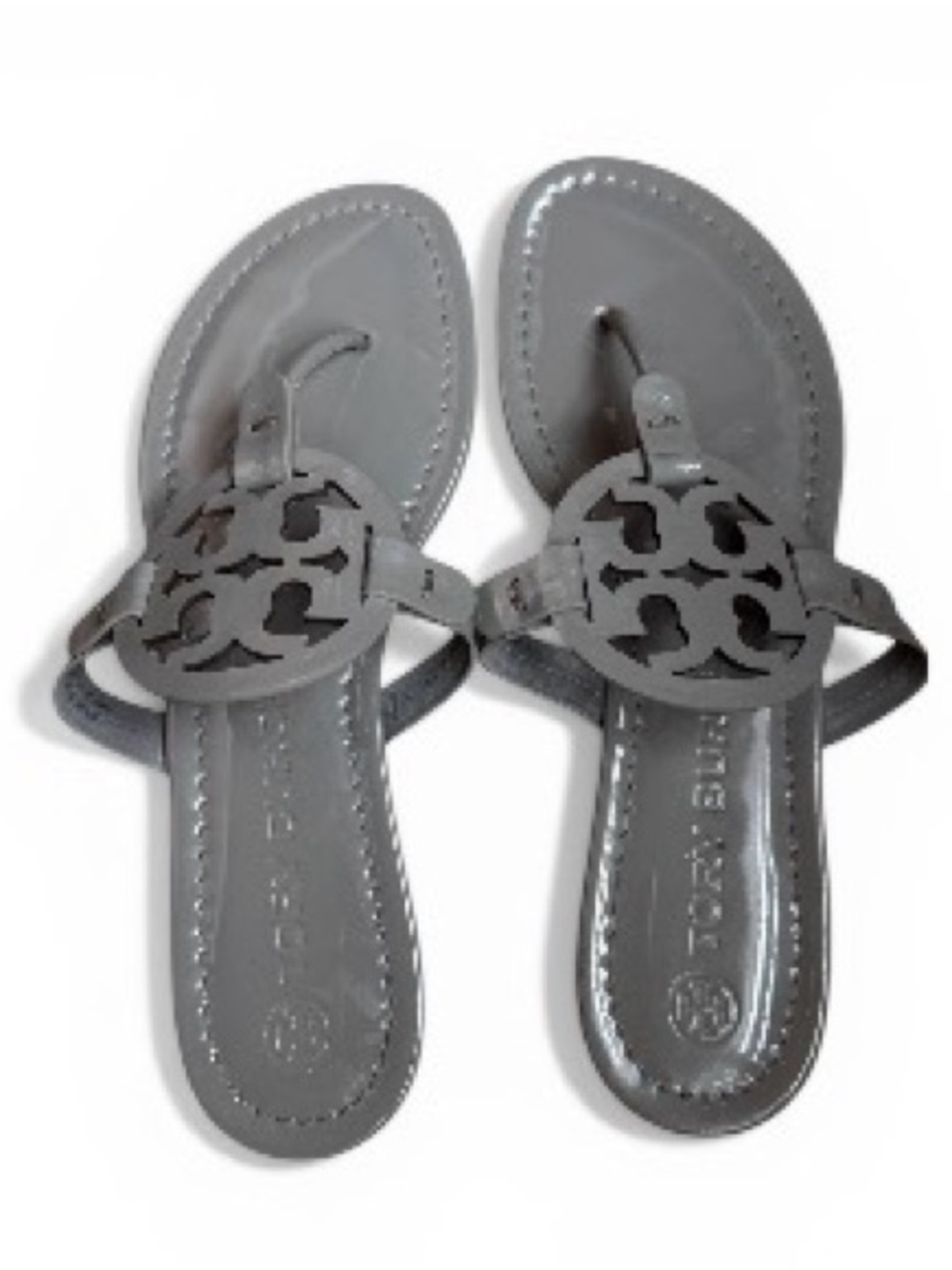 Tory Burch Grey Patent Miller Logo Thong Sandals